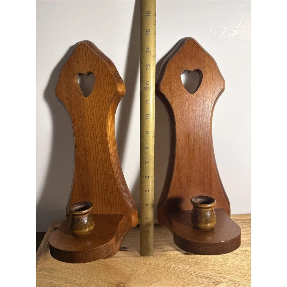 Vintage Wooden Heart Cutout Wooden Wall Scounce/taper Holder, Cottage Core Set 2